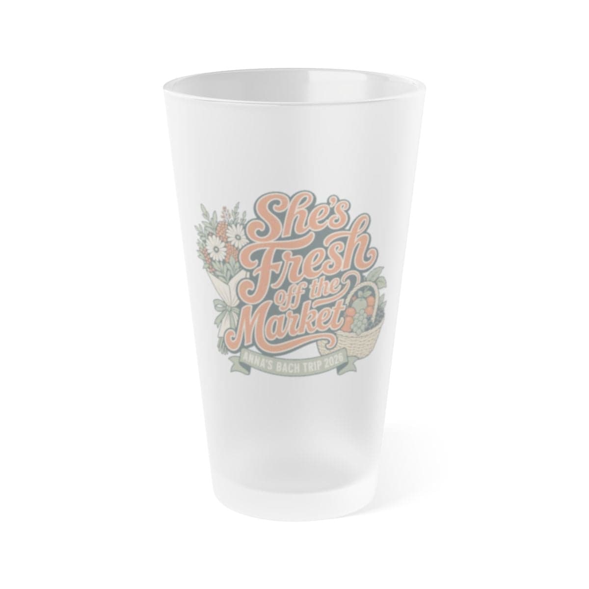 The same design printed on a frosted pint glass